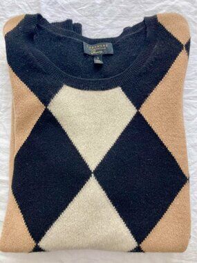 Charter Club Luxury 2 ply 100% Cashmere Sweater Argyle Black Tan Classic SMALL
